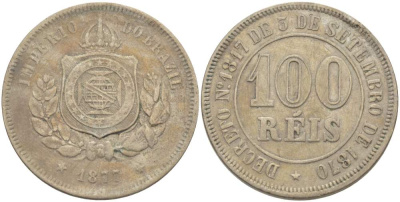 БРАЗИЛИЯ 100 РЕЙС 1877 ПЕДРО II (1831-1889) KM 477 медно-никель 4529-522
