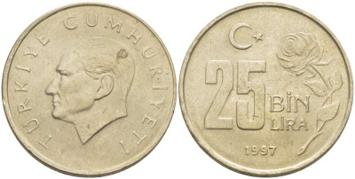 Турция 25000 лир 1997 Мустафа Кемаль Ататюрк KM 1041 медь никель цинк 202-332