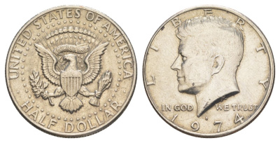 США 1/2 доллара (50 центов) 1974 D, Джон Кеннеди KM 202b медь плакированная медно-никелем aUNC 4123-822