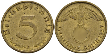 Германия 5 рейхспфеннигов 1937 A KM 91, J. 363 алюминиевая бронза 4151-747