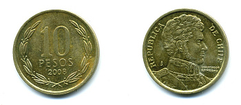 ЧИЛИ 10 ПЕСО 2008 ГЕНЕРАЛ БЕРНАРДО О ХИГГИНС KM 228.2 никель-бронза 37-268