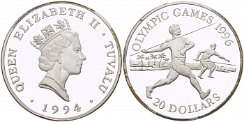 Тувалу 20 долларов 1994 Олимпийские игры 1996 года, копьеметатель KM 25 серебро PROOF 11-240-44