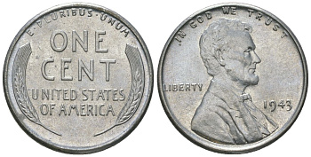 США 1 цент 1943 Авраам Линкольн KM 132 a сталь покрытая цинком aUNC 214-132