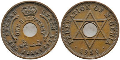 Нигерия 1/2 пенни 1959 Елизавета II (1952-), Британский протекторат KM 1 бронза 4387-248