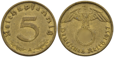 Германия 5 рейхспфеннигов 1937 A KM 91, J. 363 алюминиевая бронза 4151-747