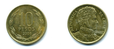 ЧИЛИ 10 ПЕСО 2008 ГЕНЕРАЛ БЕРНАРДО О ХИГГИНС KM 228.2 никель-бронза 37-268