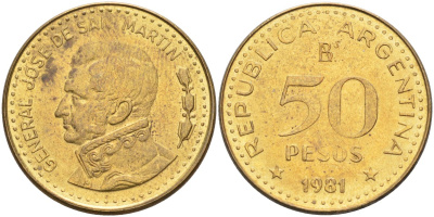 Аргентина 50 песо 1981 генерал Хосе де Сан Мартин KM 83а сталь плакированная латунью 4683-324