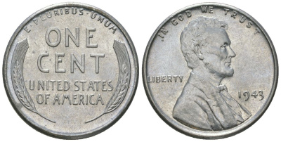 США 1 цент 1943 Авраам Линкольн KM 132 a сталь покрытая цинком aUNC 214-132