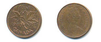 Канада 1 цент 1980 Елизавета II (1952-2022), кленовый лист KM 127 бронза 177-1357