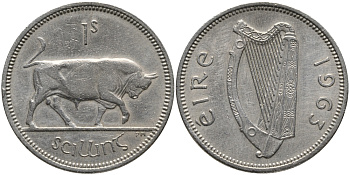 ИРЛАНДИЯ 1 ШИЛЛИНГ 1963 БЫК KM 14а медно-никель 89-544