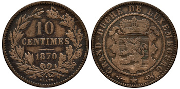 ЛЮКСЕМБУРГ 10 САНТИМОВ 1870 u, ГЕРЦОГ ВИЛЛЕМ III НИДЕРЛАНДСКИЙ (1849-1890), МОНДВОР УТРЕХТ, С ТОЧКОЙ НАД BARTH НА РЕВЕРСЕ КМ 23.1 бронза 4536-443