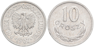 Польша 10 грошей 1967 MW KM AA47, Parchimowicz 206f алюминий XF 192-215