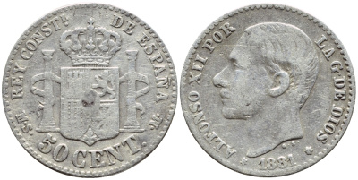 ИСПАНИЯ 50 СЕНТИМО 1881 MS-M, АЛЬФОНСО XII KM 685 серебро 443-521