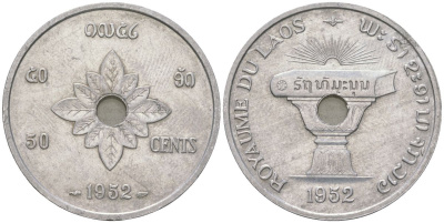 Лаос 50 центов 1952 король Сисаванг Вонг (1904-1959), книга KM 6 алюминий 4593-532