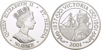 Остров Святой Елены 50 пенсов 2001 100 лет со дня смерти Королевы Виктории (1837-1901), тираж 10000 экз. KM 20a серебро PROOF 11-178-23