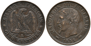 ФРАНЦИЯ 5 САНТИМОВ 1855 А, НАПОЛЕОН III (1852-1870) KM 777.1, LA FRANC 116.16 бронза 34-1211