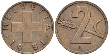 Швейцария 2 раппена 1951 В KM 47 бронза 4114-1145
