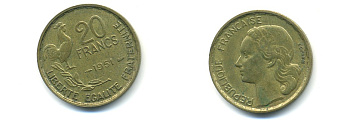 ФРАНЦИЯ 20 ФРАНКОВ 1951 ПЕТУХ, 4 ПЕРА KM 917.1, LE FRANC 402.7 алюминивая бронза 80-655