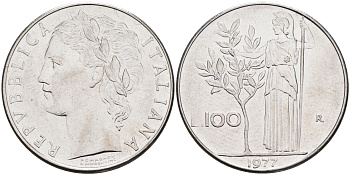 Италия 100 лир 1977 R, Афина KM 96.1 нержавеющая сталь 4117-335