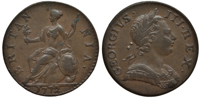Великобритания 1/2 пенни 1772 Георг III (1760-1820) Spink 3774 медь 1523-932