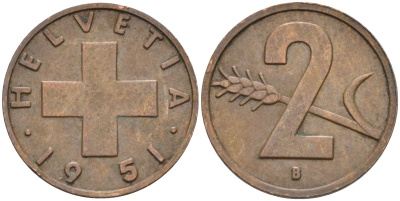Швейцария 2 раппена 1951 В KM 47 бронза 4114-1145