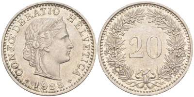 ШВЕЙЦАРИЯ 20 РАППЕНОВ 1988 В KM 29a медно-никель 55-1027