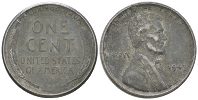 США 1 цент 1943 Авраам Линкольн KM 132 a сталь покрытая цинком 214-617