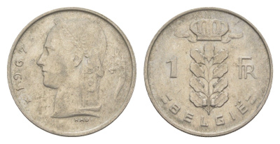 Бельгия 1 франк 1967 Belgie, Бодуэн I (1951-1993) KM 143 медно-никель 4173-1038