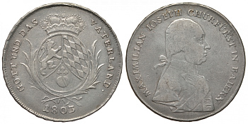 Бавария 1 талер 1803 Максимилиан I Иосиф (1799-1806-1825) KM 664, Dav. 546, Kahnt 56, Thun 38, AKS 9 серебро 00-000-00