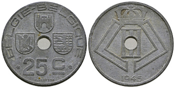 БЕЛЬГИЯ 25 САНТИМОВ 1945 BELGIE-BELGIQUE KM 132 цинк 177-1027