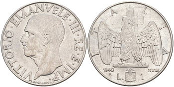 ИТАЛИЯ 1 ЛИРА 1940 R, ГОД XVIII, ВИКТОР ЭММАНУИЛ III (1900-1946), СЛАБОМАГНИТНАЯ, ГУРТ РИФЛЁНЫЙ KM 77а, VEM3. 1100 a) нержавеющая сталь 3855-342