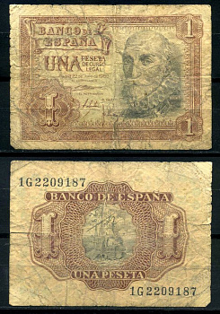 Испания 1 песета 1953 22 июля 1953, Мигель де Санта Круз Pick 144а бумага 7207-44-2-2