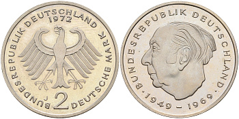 ФРГ 2 марки 1972 J, Теодор Хойс KM 127, J. 407 медно-никель плакированный никелем  PROOF  4155-153