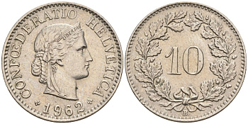 Швейцария 10 раппенов 1962 B KM 27 медно-никель 4608-469