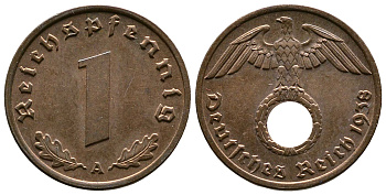 Германия 1 рейхспфенниг 1938 A KM 89, J. 361 бронза    220-314