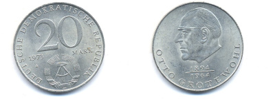 ГДР 20 марок 1973 А, Отто Гротеволь (1894-1964) KM 47 медно-никель 3333-433