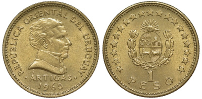 Уругвай 1 песо 1965 KM 46 алюминиевая бронза 33-941