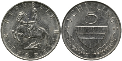АВСТРИЯ 5 ШИЛЛИНГОВ 1991 KM 2889а медно-никель 33-622
