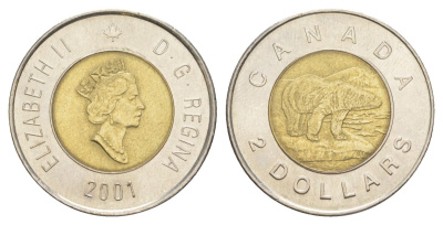 Канада 2 доллара 2001 Елизавета II (1952-2022), полярный медведь KM 270 биметалл aUNC 4631-836