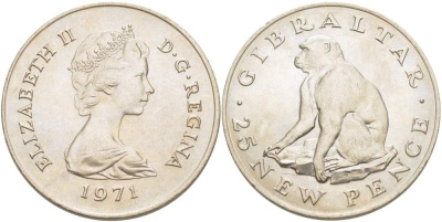 Гибралтар 25 пенсов 1971 Елизавета II (1952-2022), обезьяна KM 5 медно-никель UNC 4527-421