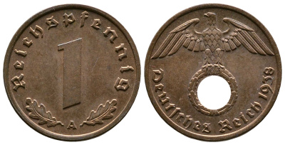 Германия 1 рейхспфенниг 1938 A KM 89, J. 361 бронза    220-314