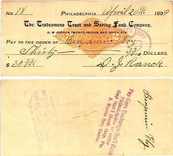 США чек на 30,33 долларов 1899 Филадельфия бумага 2196-28-3-1