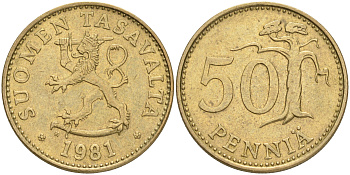 ФИНЛЯНДИЯ 50 ПЕННИ 1981 K KM 48 алюминиевая бронза 4556-223