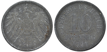 ГЕРМАНИЯ 10 ПФЕННИГОВ 1921 KM 26, J. 299 цинк 45-1268