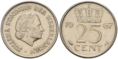 Нидерланды 25 центов 1967 Юлиана (1949-1980) KM 183 никель    4598-426