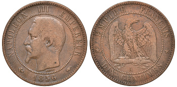 Франция 10 сантимов 1856 A, Наполеон III (1852-1870) KM 771.1, Le Franc 133 бронза 4168-122