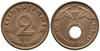 Германия 2 рейхспфеннига 1939 A KM 90, J. 362 бронза 220-557