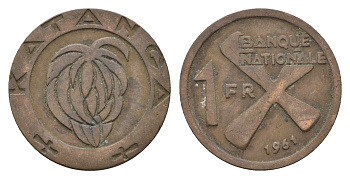 Катанга 1 франк 1961 Заир, балубский крест, связка бананов KM 1 бронза 36-413