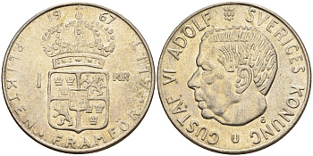 Швеция 1 крона 1967 U, Густав VI Адольф (1950-1973) KM 826 серебро 4150-233