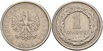 Польша 1 злотый 1991 MW KM 282 медно-никель    4161-1041